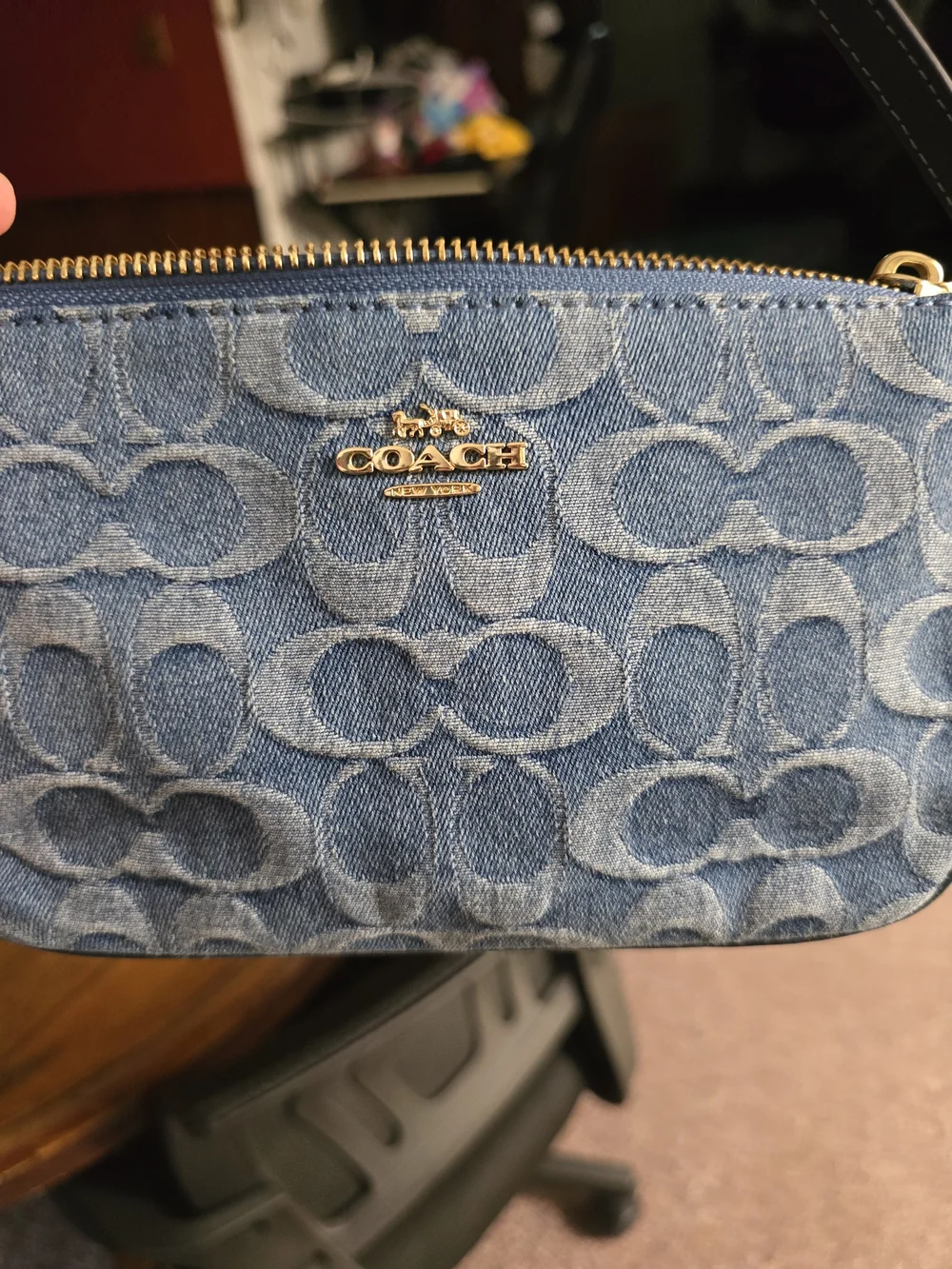 Coach Denim Signature Zip Wristlet in Blue with Gold Hardware